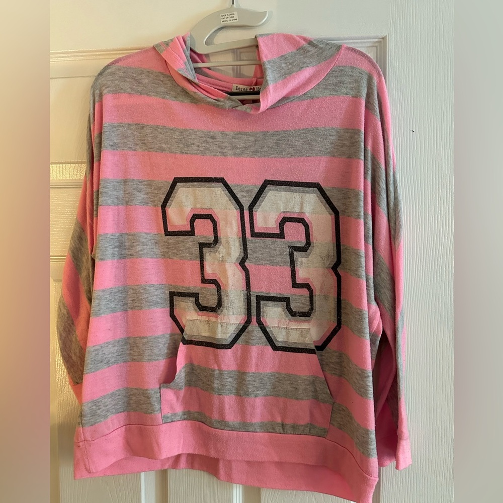 Derek Heart pink & grey striped hoodie shirt XL